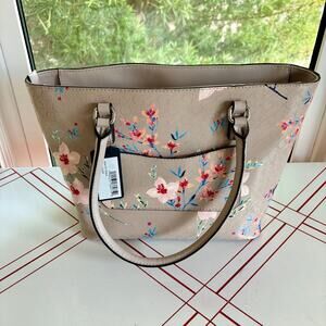 GUESS Taupe Floral Logo Vinyl Tote Bag Purse NWT Large Shopper